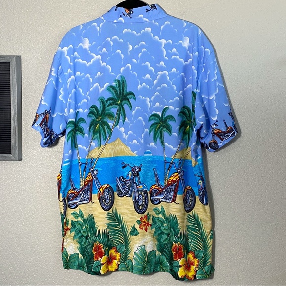 Vintage 90’s Motorcycle Blue Hawaiian Shirt Medium - Picture 5 of 6